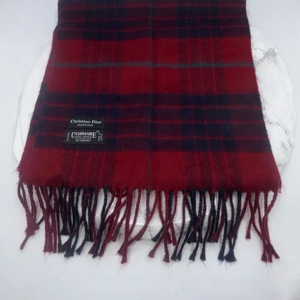 CHRISTIAN DIOR MONSIEUR Red, Navy Blue and Turquoise Tartan Plaid Cashmaire Scar